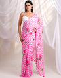 Pink & White Checkered Mul Cotton Saree with Tulip Floral Print & Tasselled Pallu, Comes With Attached Blouse Piece