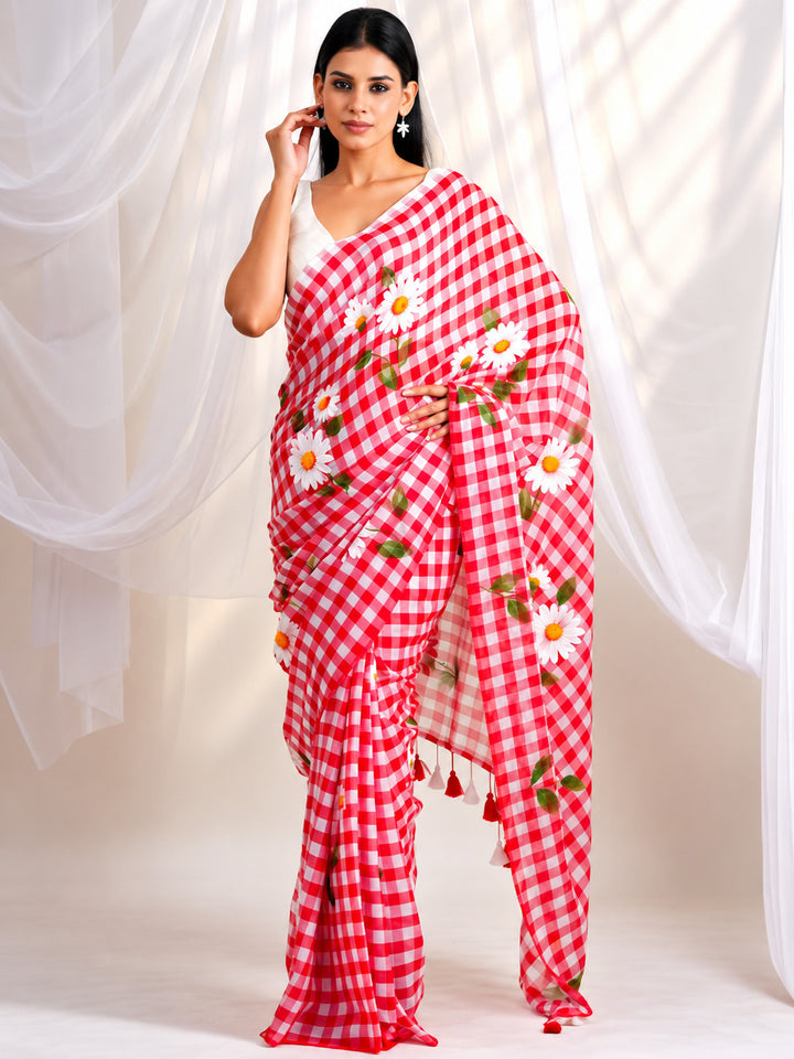 Red & White Checkered Mul Cotton Saree with Floral Print & Tasselled Pallu, Comes With Attached Blouse Piece