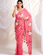 Red & White Checkered Mul Cotton Saree with Floral Print & Tasselled Pallu, Comes With Attached Blouse Piece