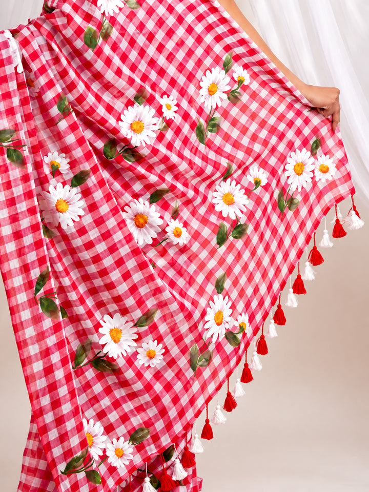 Red & White Checkered Mul Cotton Saree with Floral Print & Tasselled Pallu, Comes With Attached Blouse Piece