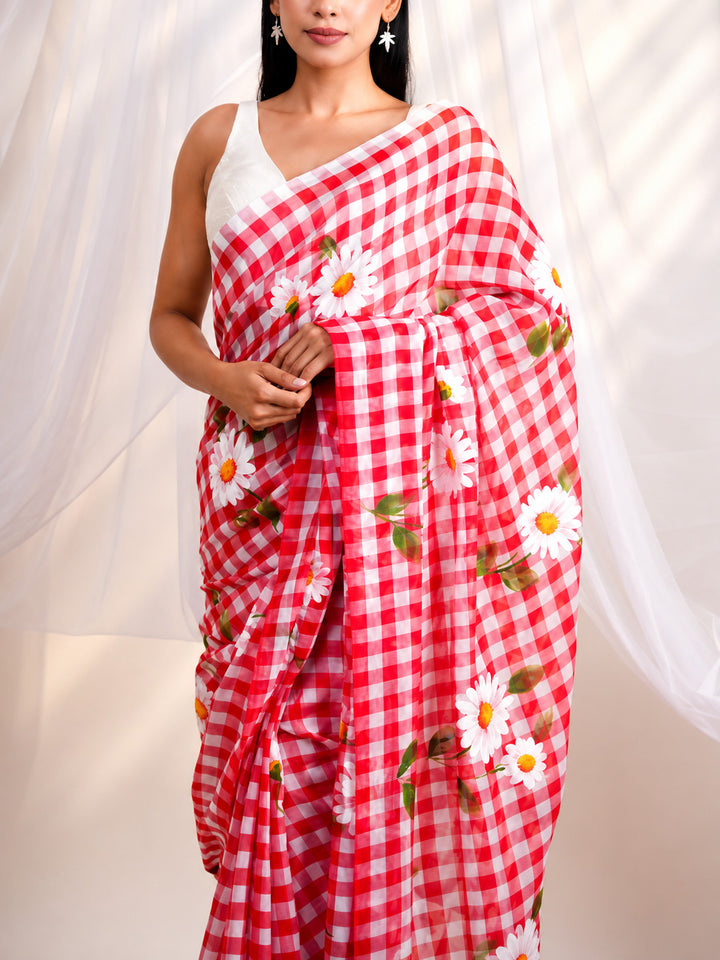 Red & White Checkered Mul Cotton Saree with Floral Print & Tasselled Pallu, Comes With Attached Blouse Piece