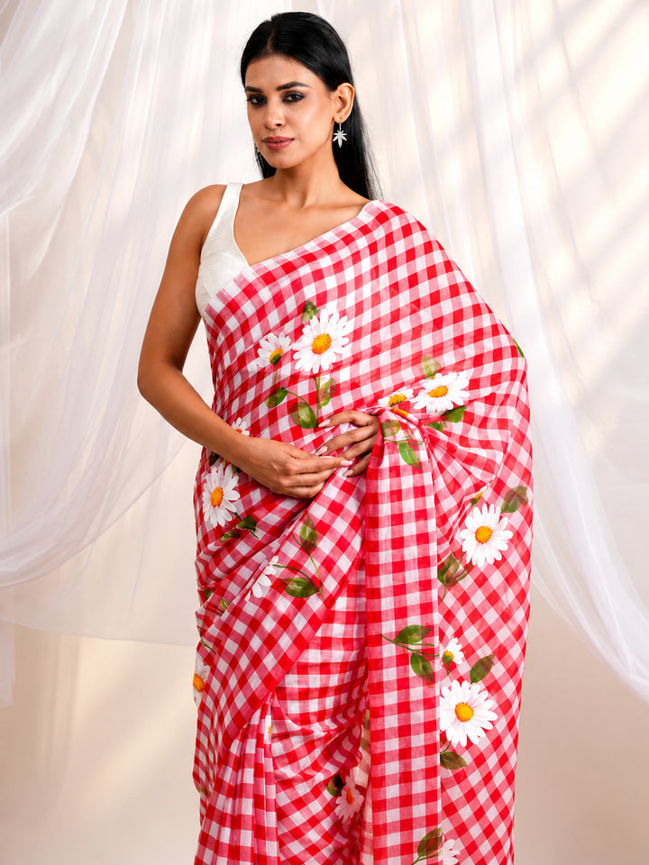 Red & White Checkered Mul Cotton Saree with Floral Print & Tasselled Pallu, Comes With Attached Blouse Piece