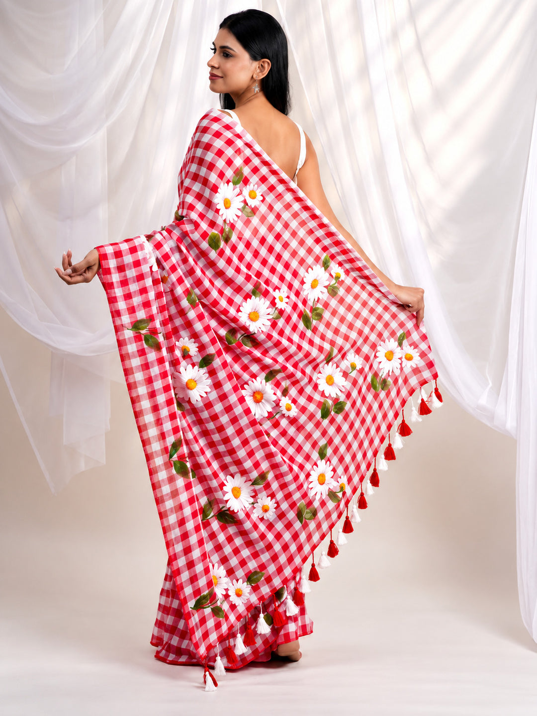 Red & White Checkered Mul Cotton Saree with Floral Print & Tasselled Pallu, Comes With Attached Blouse Piece
