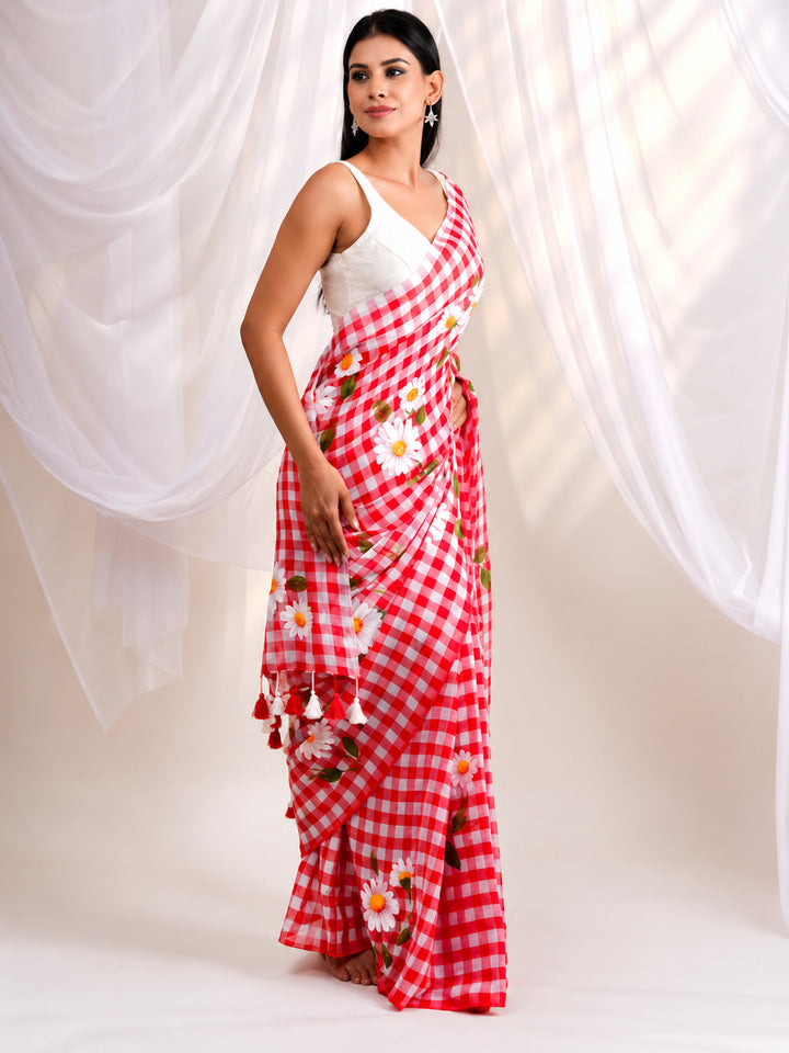 Red & White Checkered Mul Cotton Saree with Floral Print & Tasselled Pallu, Comes With Attached Blouse Piece