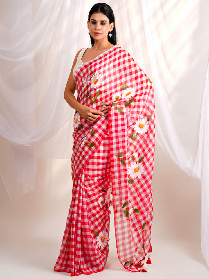 Red & White Checkered Mul Cotton Saree with Floral Print & Tasselled Pallu, Comes With Attached Blouse Piece