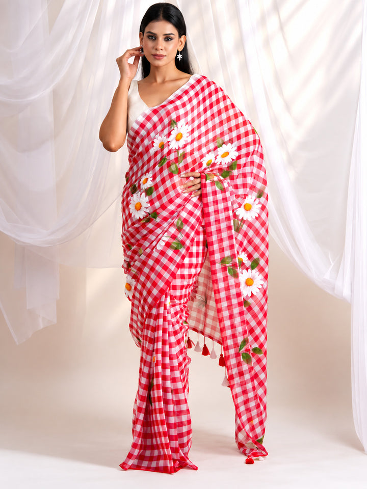 Red & White Checkered Mul Cotton Saree with Floral Print & Tasselled Pallu, Comes With Attached Blouse Piece
