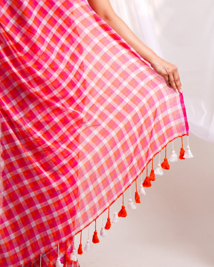 Hot Pink & Orange Checkered Mul Cotton Saree with Tasselled Pallu, Comes With Attached Blouse Piece
