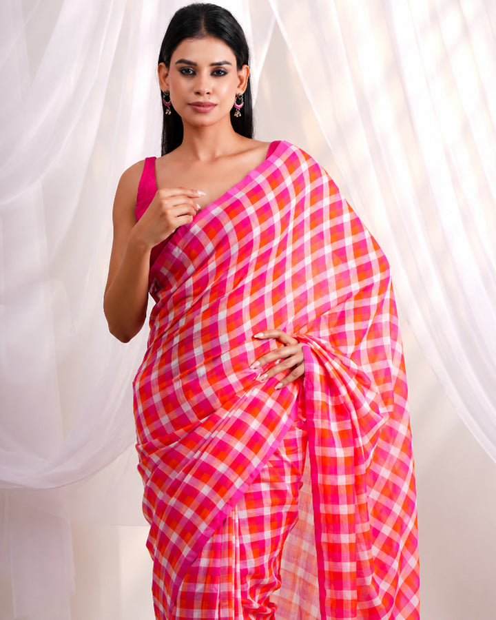 Hot Pink & Orange Checkered Mul Cotton Saree with Tasselled Pallu, Comes With Attached Blouse Piece