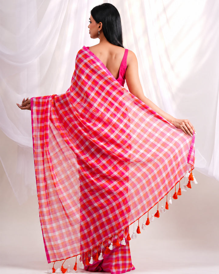 Hot Pink & Orange Checkered Mul Cotton Saree with Tasselled Pallu, Comes With Attached Blouse Piece