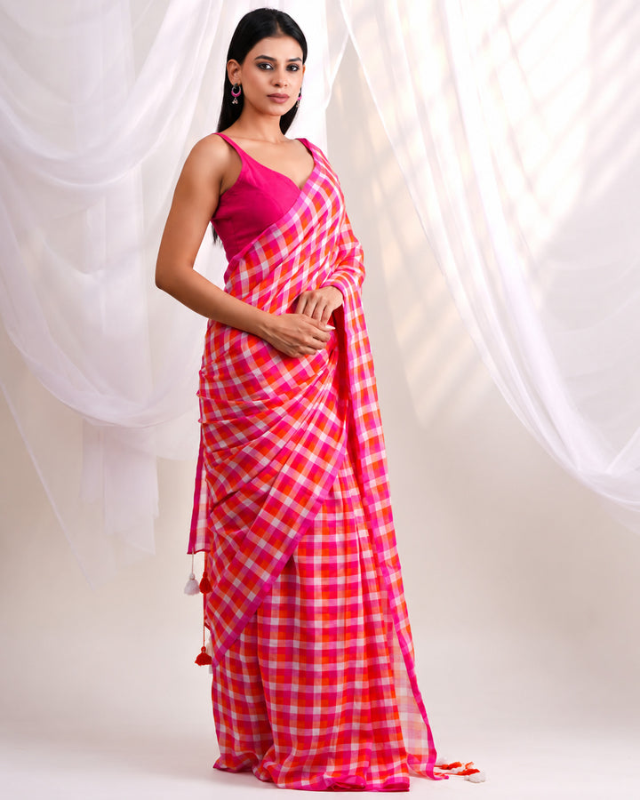 Hot Pink & Orange Checkered Mul Cotton Saree with Tasselled Pallu, Comes With Attached Blouse Piece