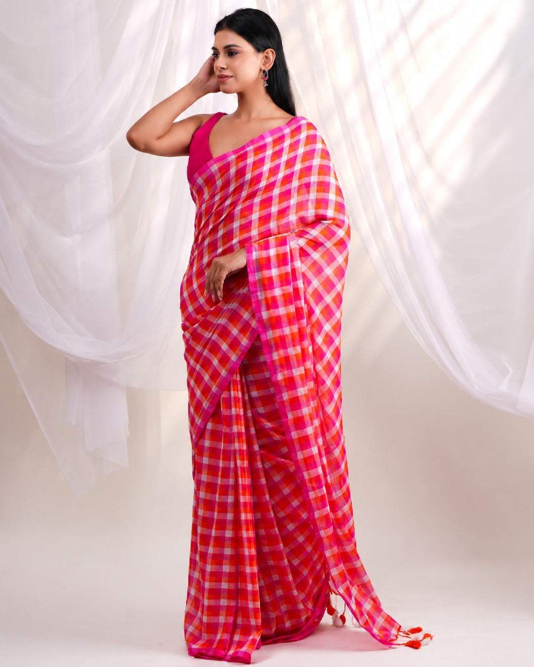 Hot Pink & Orange Checkered Mul Cotton Saree with Tasselled Pallu, Comes With Attached Blouse Piece