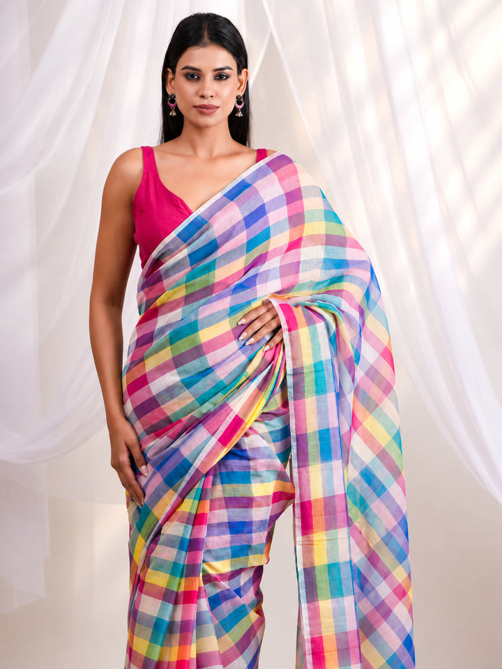 Vibrant Multicolour Checkered Mul Cotton Saree with Statement Pallu & Tassels, Comes With Attached Blouse Piece
