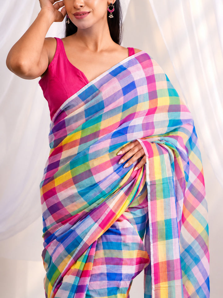 Vibrant Multicolour Checkered Mul Cotton Saree with Statement Pallu & Tassels, Comes With Attached Blouse Piece