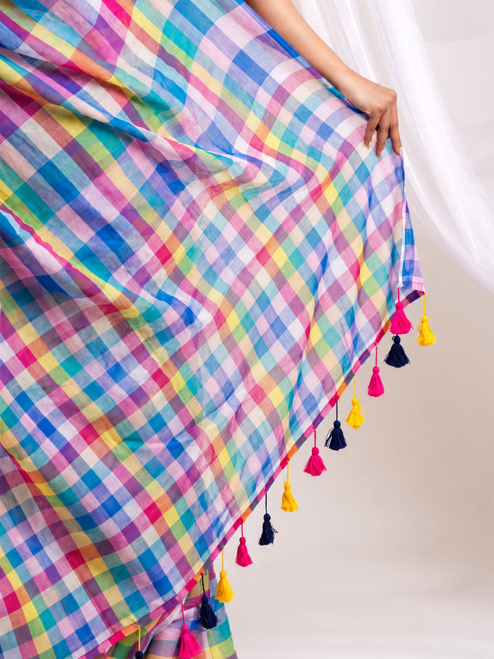 Vibrant Multicolour Checkered Mul Cotton Saree with Statement Pallu & Tassels, Comes With Attached Blouse Piece