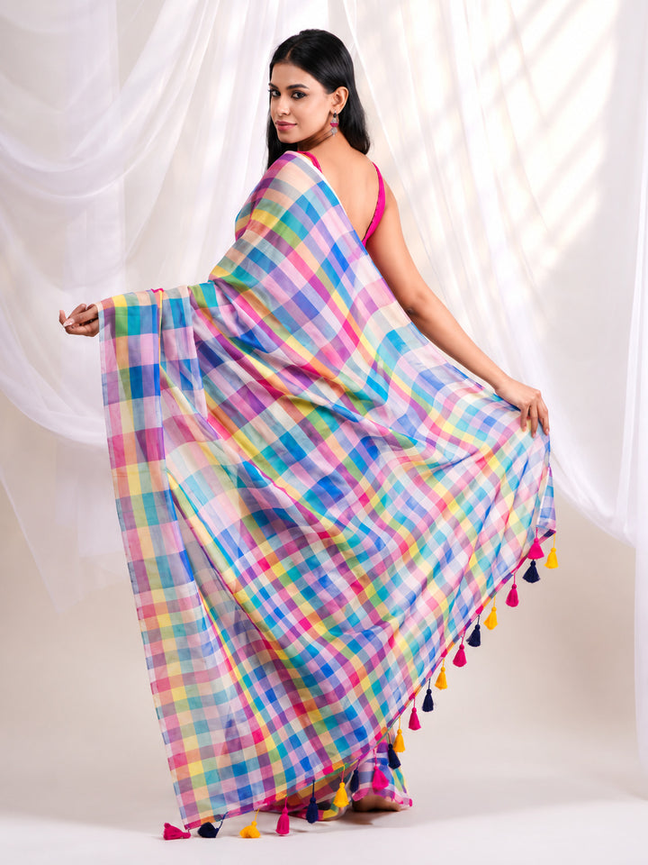 Vibrant Multicolour Checkered Mul Cotton Saree with Statement Pallu & Tassels, Comes With Attached Blouse Piece