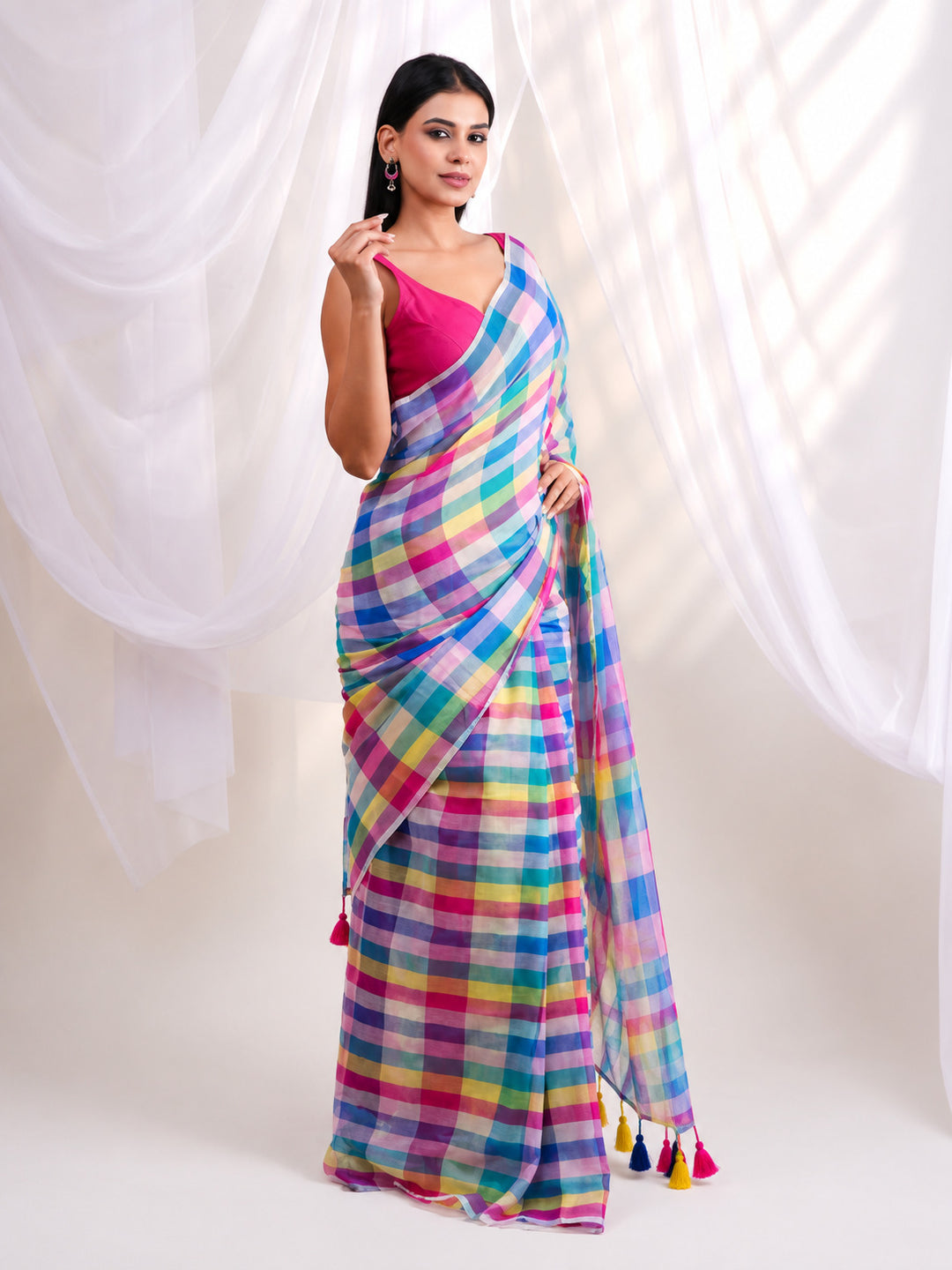 Vibrant Multicolour Checkered Mul Cotton Saree with Statement Pallu & Tassels, Comes With Attached Blouse Piece