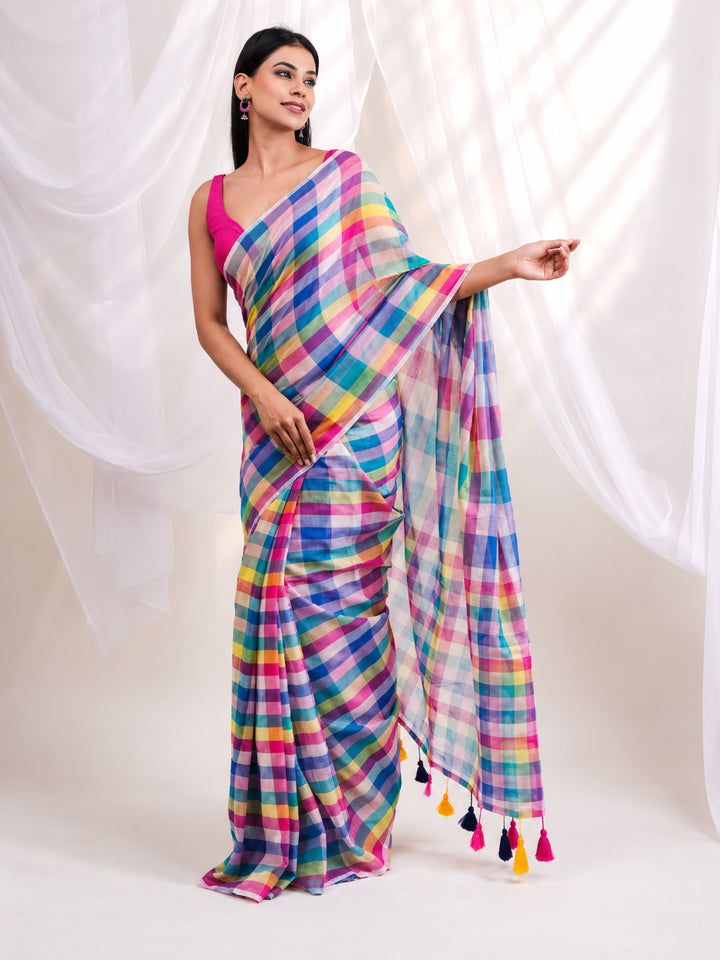 Vibrant Multicolour Checkered Mul Cotton Saree with Statement Pallu & Tassels, Comes With Attached Blouse Piece