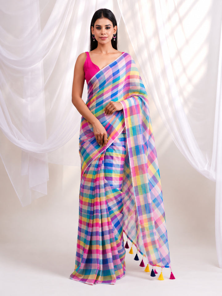 Vibrant Multicolour Checkered Mul Cotton Saree with Statement Pallu & Tassels, Comes With Attached Blouse Piece