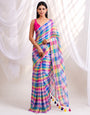 Vibrant Multicolour Checkered Mul Cotton Saree with Statement Pallu & Tassels, Comes With Attached Blouse Piece