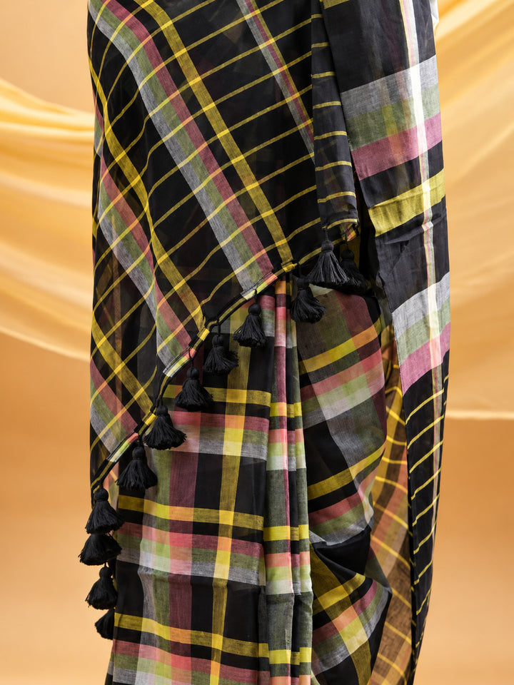 Black Multicolour Checkered Mul Cotton Saree with Statement Pallu & Tassels, Comes With Attached Blouse Piece