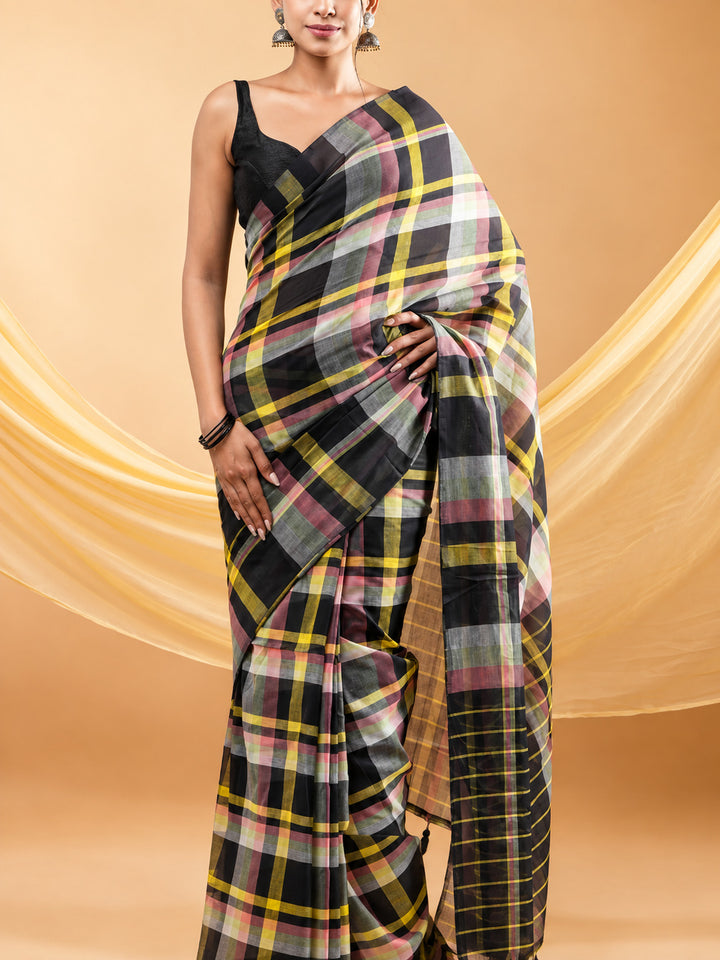 Black Multicolour Checkered Mul Cotton Saree with Statement Pallu & Tassels, Comes With Attached Blouse Piece