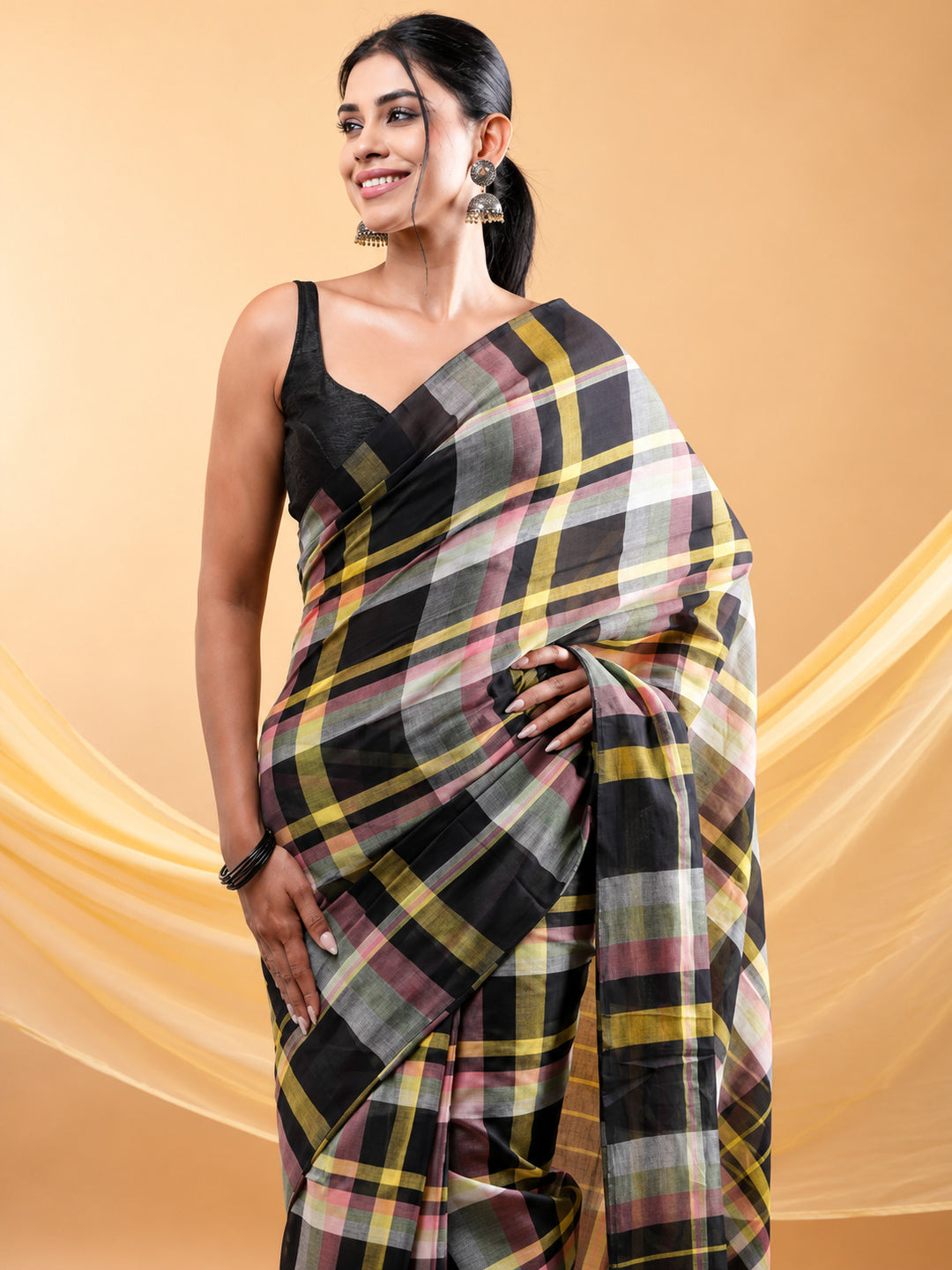 Black Multicolour Checkered Mul Cotton Saree with Statement Pallu & Tassels, Comes With Attached Blouse Piece