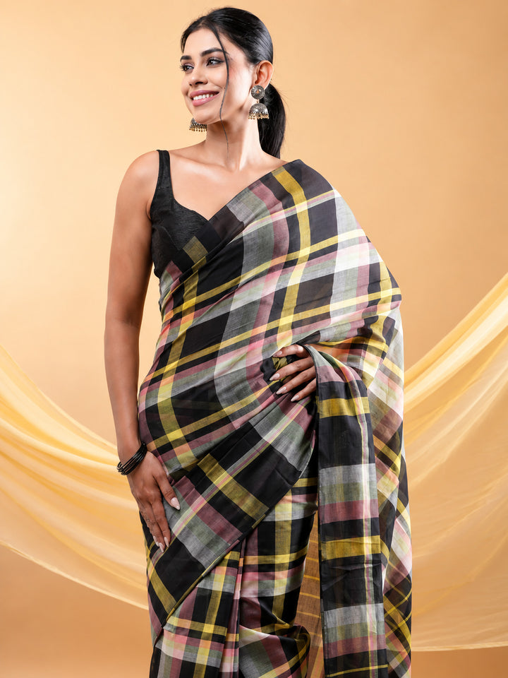 Black Multicolour Checkered Mul Cotton Saree with Statement Pallu & Tassels, Comes With Attached Blouse Piece