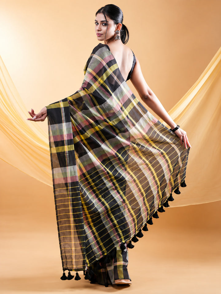 Black Multicolour Checkered Mul Cotton Saree with Statement Pallu & Tassels, Comes With Attached Blouse Piece