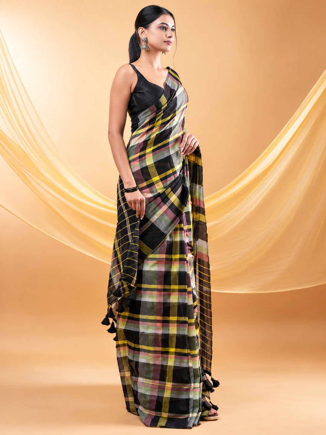 Black Multicolour Checkered Mul Cotton Saree with Statement Pallu & Tassels, Comes With Attached Blouse Piece