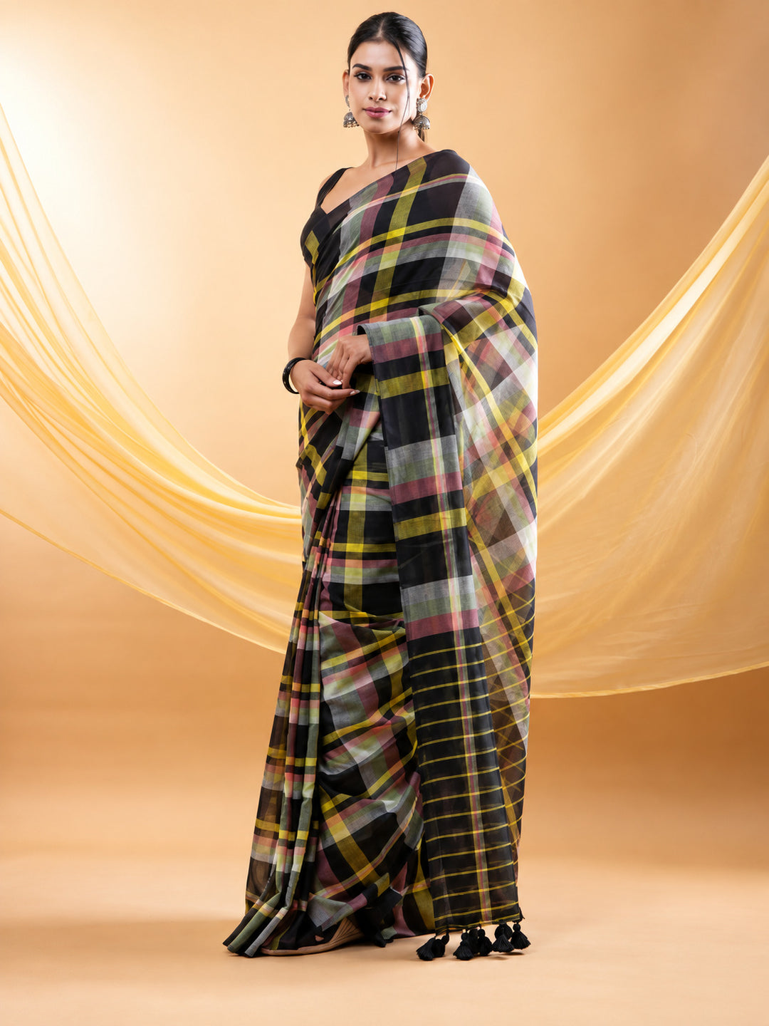 Black Multicolour Checkered Mul Cotton Saree with Statement Pallu & Tassels, Comes With Attached Blouse Piece