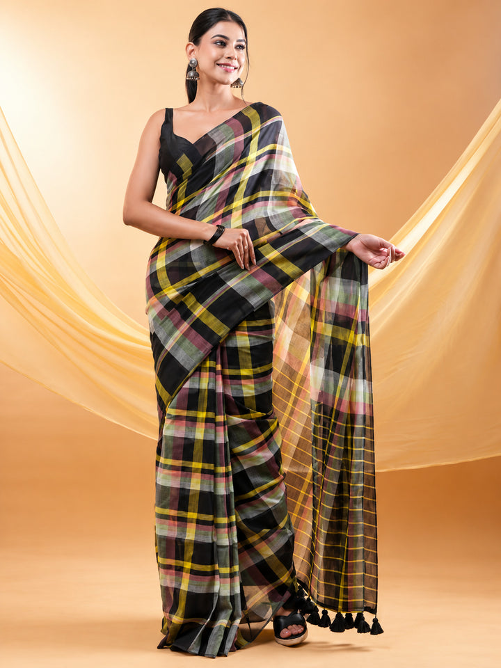 Black Multicolour Checkered Mul Cotton Saree with Statement Pallu & Tassels, Comes With Attached Blouse Piece