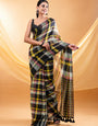 Black Multicolour Checkered Mul Cotton Saree with Statement Pallu & Tassels, Comes With Attached Blouse Piece