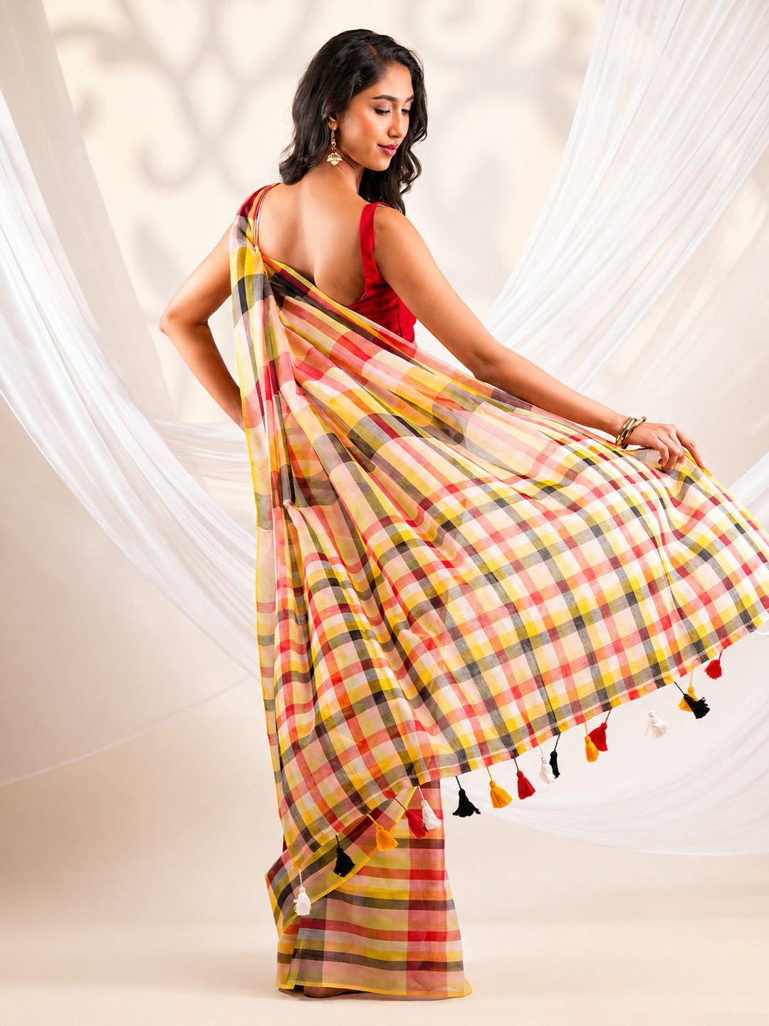Multicolour Checkered Mul Cotton Saree with Contemporary Plaid Design & Tassels, Comes With Attached Blouse Piece