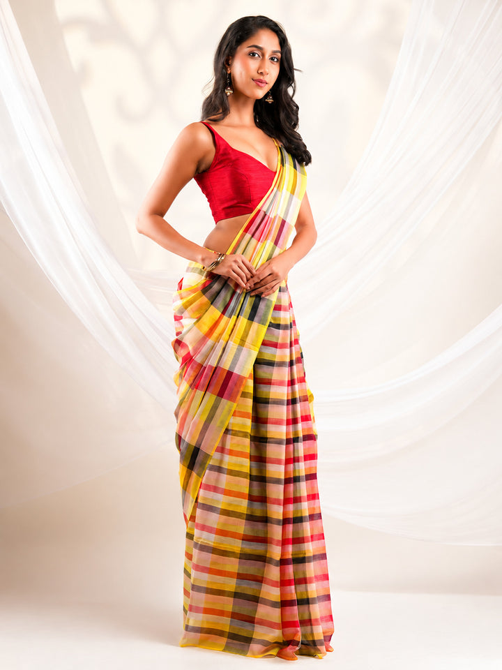 Multicolour Checkered Mul Cotton Saree with Contemporary Plaid Design & Tassels, Comes With Attached Blouse Piece