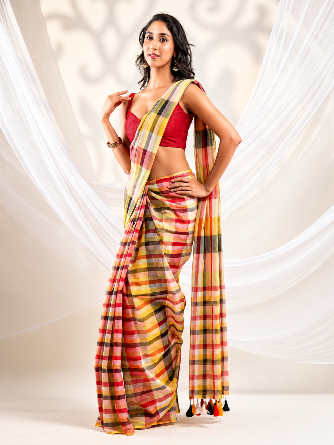 Multicolour Checkered Mul Cotton Saree with Contemporary Plaid Design & Tassels, Comes With Attached Blouse Piece