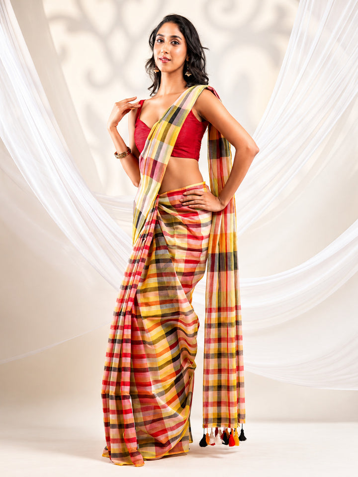 Multicolour Checkered Mul Cotton Saree with Contemporary Plaid Design & Tassels, Comes With Attached Blouse Piece