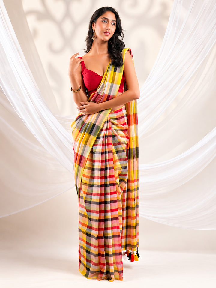 Multicolour Checkered Mul Cotton Saree with Contemporary Plaid Design & Tassels, Comes With Attached Blouse Piece