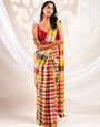 Multicolour Checkered Mul Cotton Saree with Contemporary Plaid Design & Tassels, Comes With Attached Blouse Piece