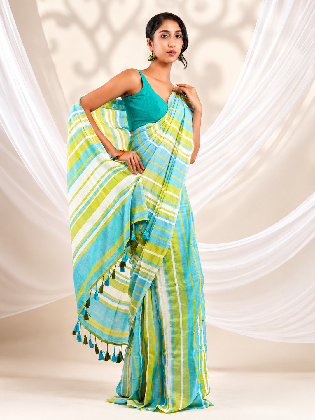 Aqua Blue & Lime Green Striped Mul Cotton Saree with Statement Pallu & Tassels, Comes With Attached Blouse Piece