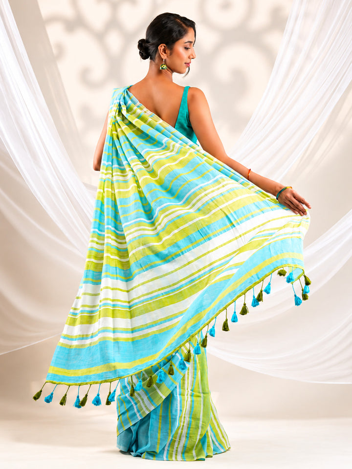 Aqua Blue & Lime Green Striped Mul Cotton Saree with Statement Pallu & Tassels, Comes With Attached Blouse Piece