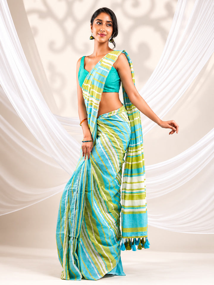 Aqua Blue & Lime Green Striped Mul Cotton Saree with Statement Pallu & Tassels, Comes With Attached Blouse Piece