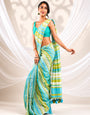 Aqua Blue & Lime Green Striped Mul Cotton Saree with Statement Pallu & Tassels, Comes With Attached Blouse Piece