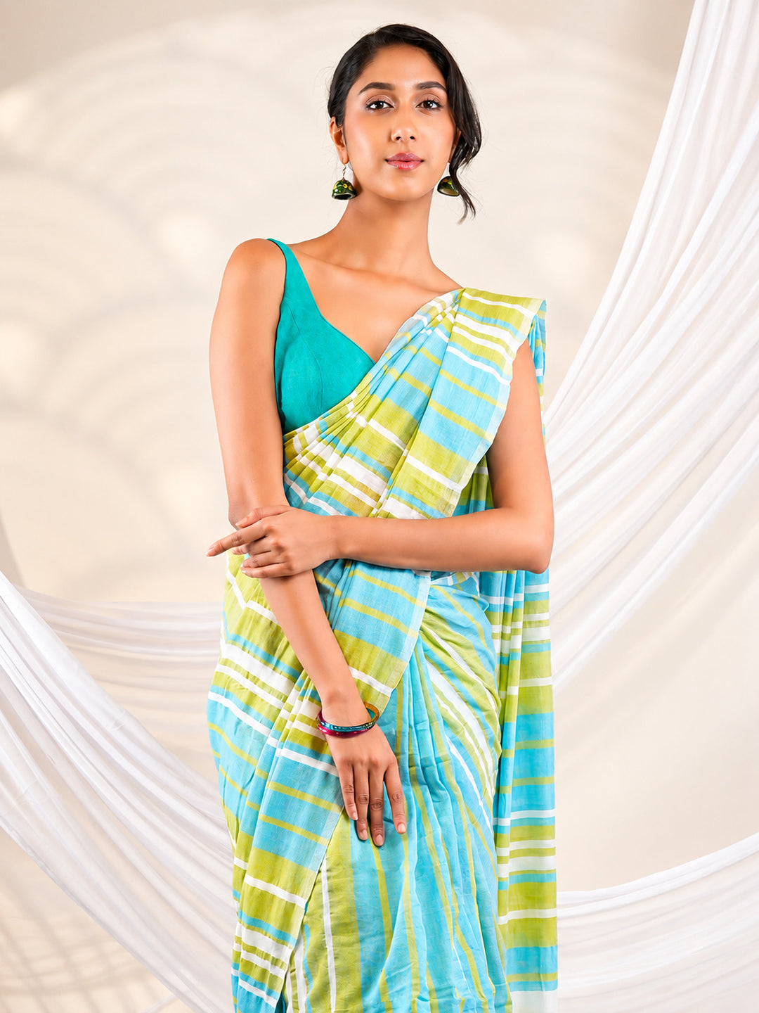Aqua Blue & Lime Green Striped Mul Cotton Saree with Statement Pallu & Tassels, Comes With Attached Blouse Piece