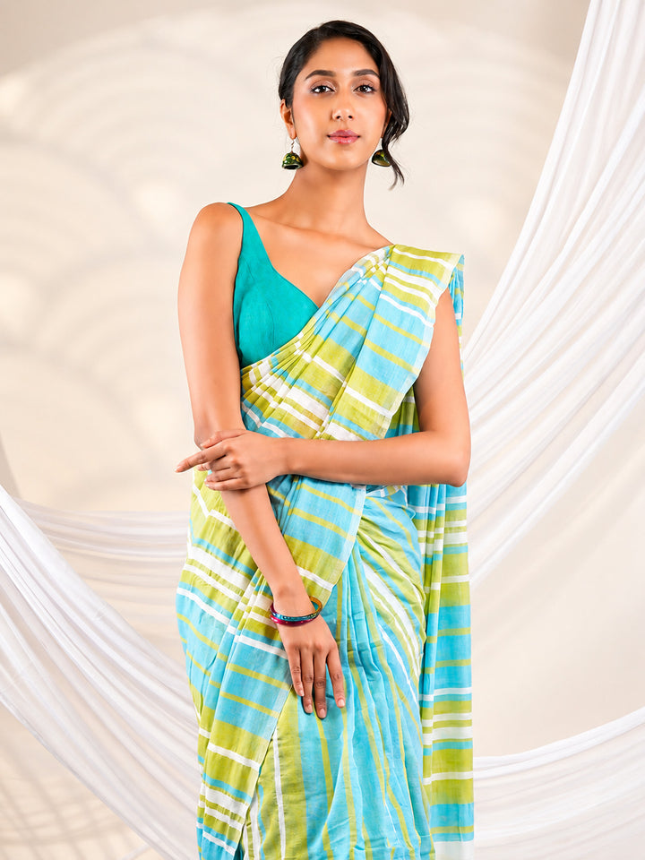 Aqua Blue & Lime Green Striped Mul Cotton Saree with Statement Pallu & Tassels, Comes With Attached Blouse Piece