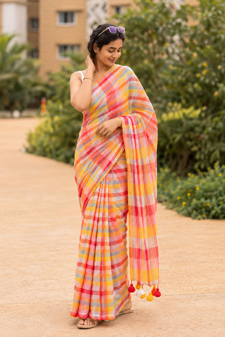 Multicolour Checkered Mul Cotton Saree with Colourful Tasselled Pallu, Comes With Attached Blouse Piece