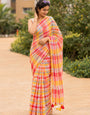 Multicolour Checkered Mul Cotton Saree with Colourful Tasselled Pallu, Comes With Attached Blouse Piece