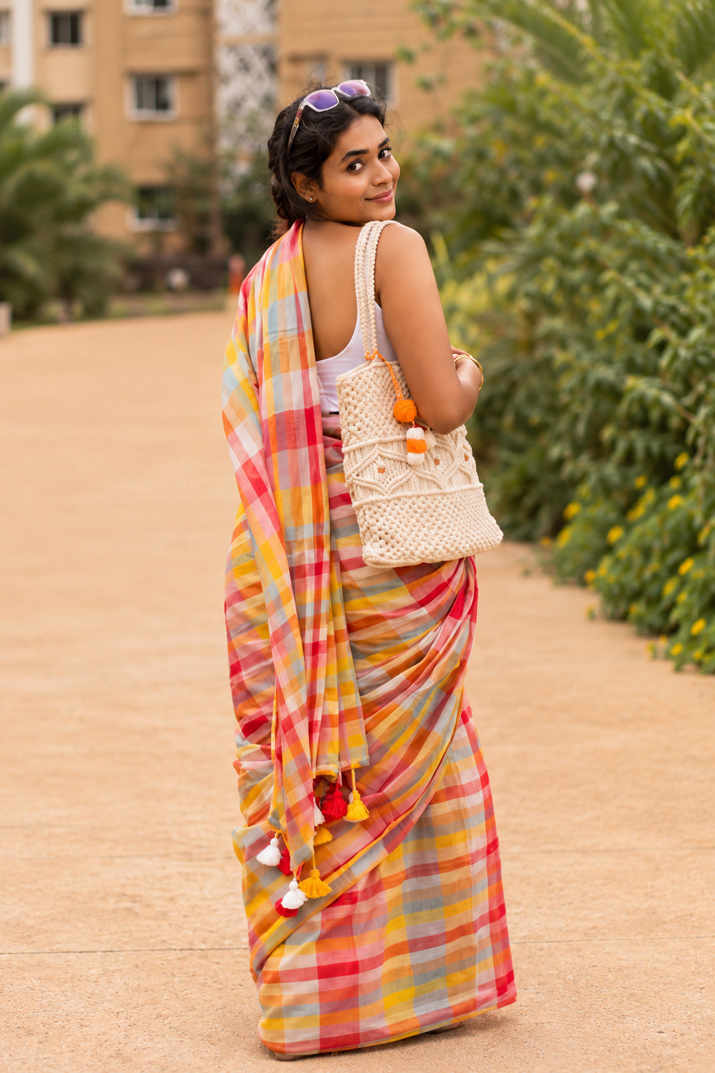 Multicolour Checkered Mul Cotton Saree with Colourful Tasselled Pallu, Comes With Attached Blouse Piece