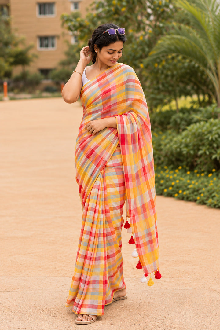 Multicolour Checkered Mul Cotton Saree with Colourful Tasselled Pallu, Comes With Attached Blouse Piece