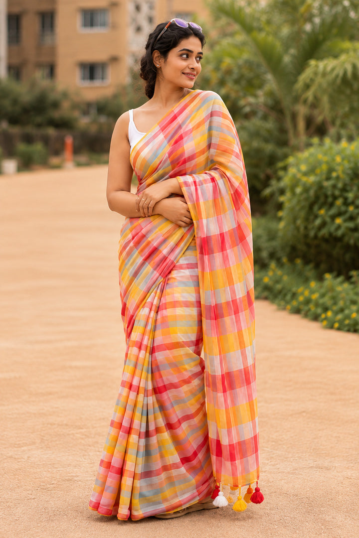 Multicolour Checkered Mul Cotton Saree with Colourful Tasselled Pallu, Comes With Attached Blouse Piece