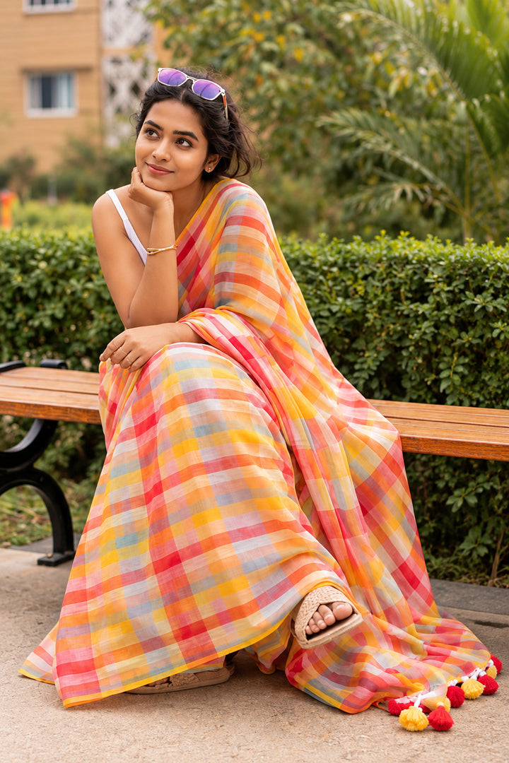 Multicolour Checkered Mul Cotton Saree with Colourful Tasselled Pallu, Comes With Attached Blouse Piece